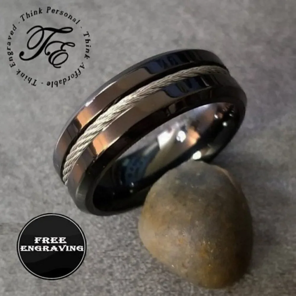 Personalized Engraved Men's Black Cable Inlay Promise Ring - Guys Promise Ring - Picture 1 of 8